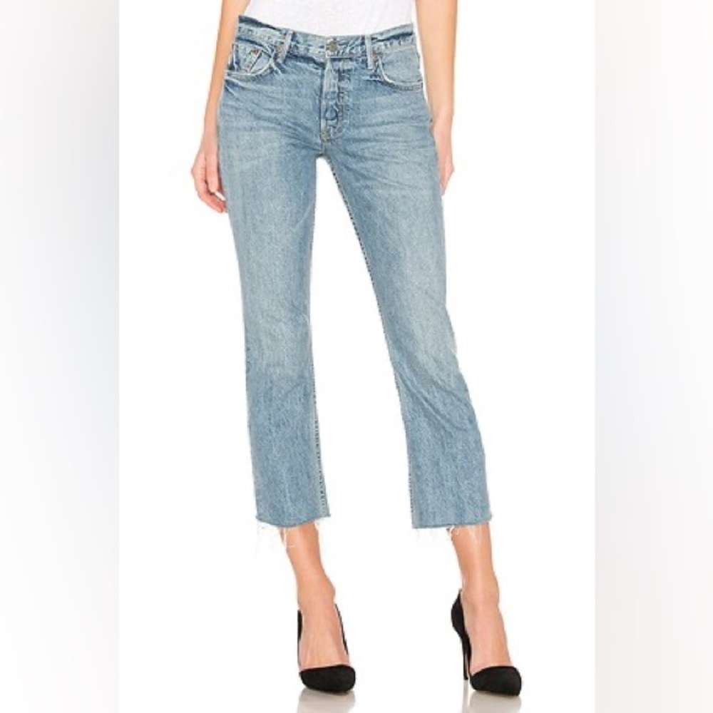 GRLFRND Tatum Cropped Raw Hem Button Fly Cotton Late Night Blue Jeans Size 25